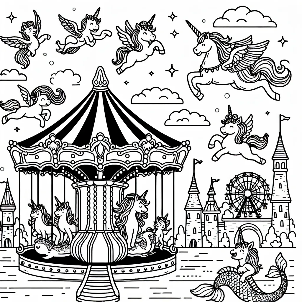 Un parc d'attractions magique rempli de licornes volantes, de dragons amicaux et de sirènes jouant à cache-cache