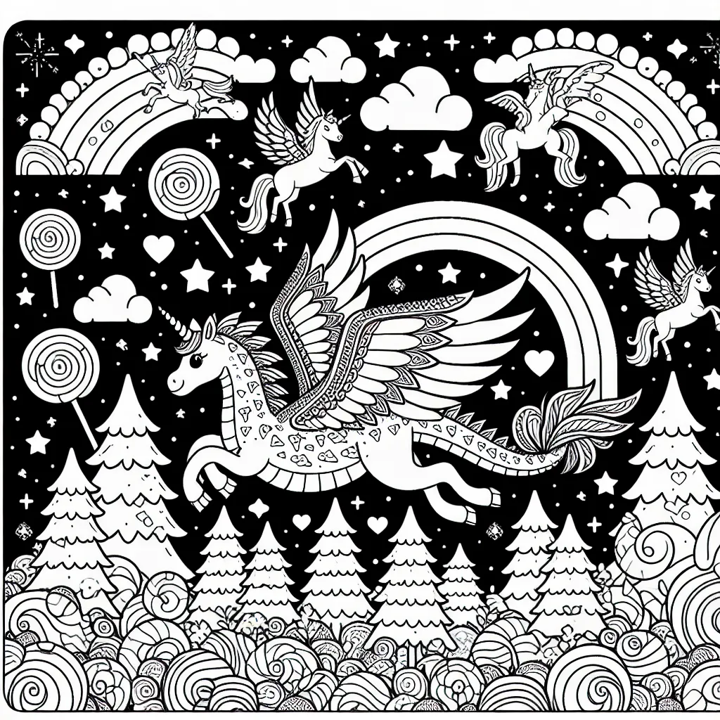 Un dragon licorne arc-en-ciel volant au-dessus d'une forêt de bonbons avec des licornes volantes, des arcs-en-ciel et des étoiles scintillantes