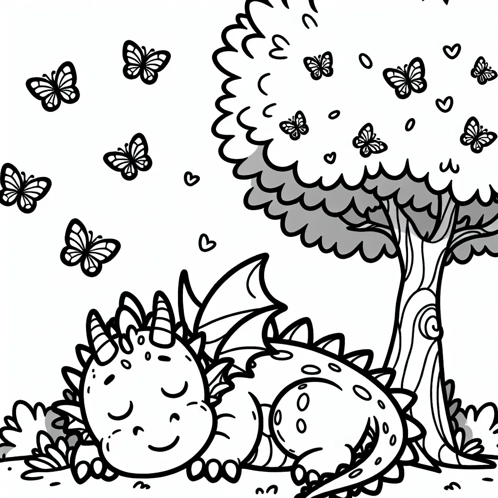 Un gentil dragon endormi sous un arbre avec des papillons autour de lui.