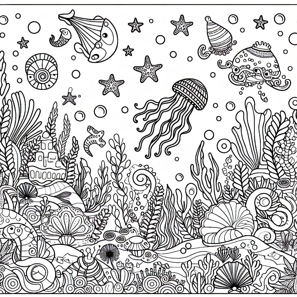 Un monde sous-marin fantastique avec des créatures marines amusantes et des plantes aquatiques colorées.