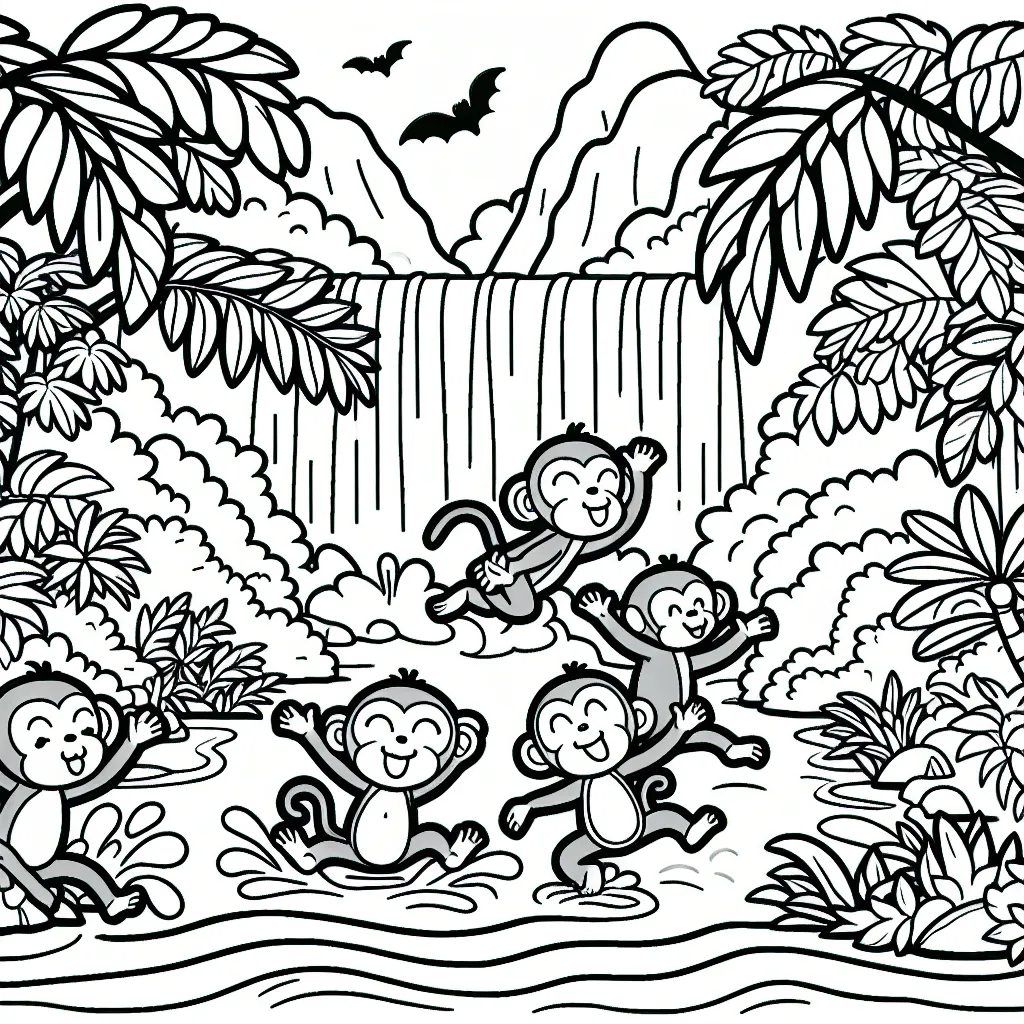 Dessine un groupe de singes espiègles jouant dans une jungle colorée avec des cascades