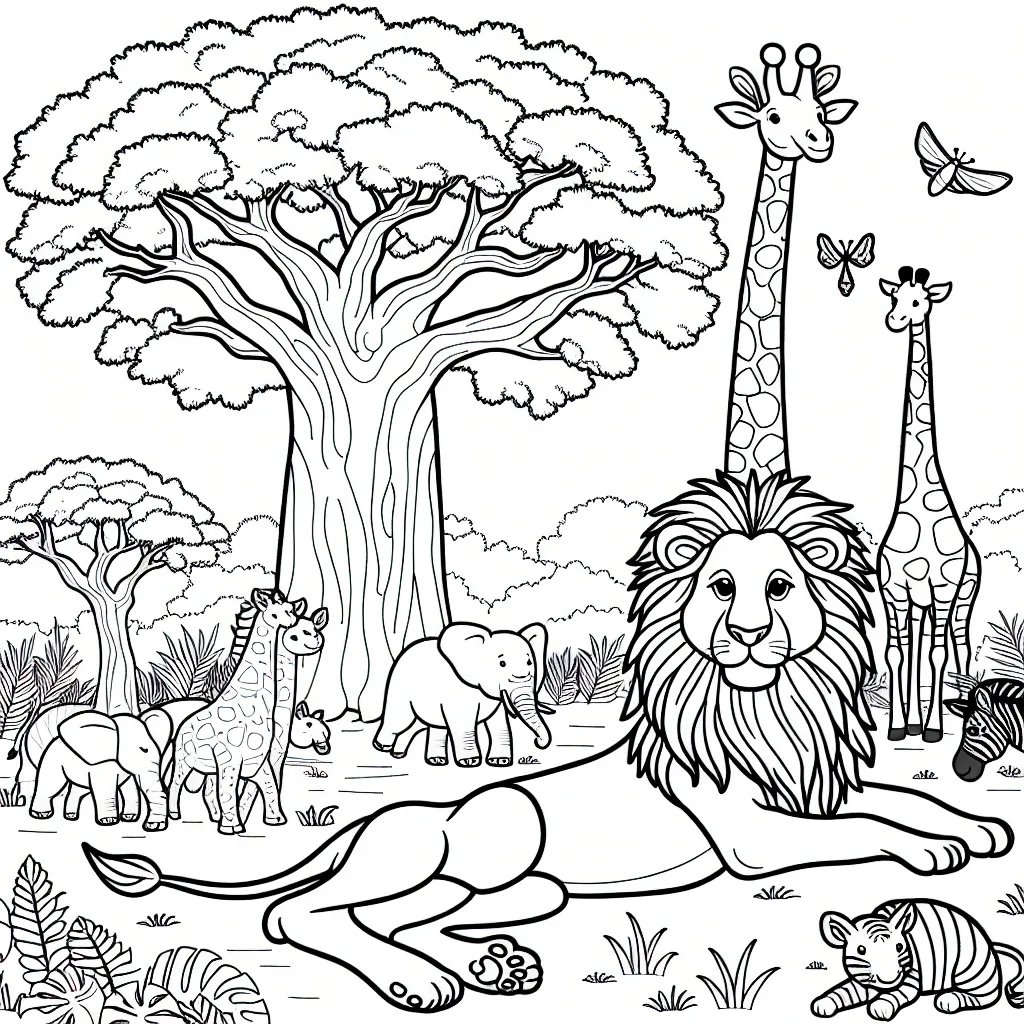 Imagine un paysage de la savane africaine avec un lion majestueux sous un baobab, entouré de girafes, zèbres, éléphants et autres animaux.