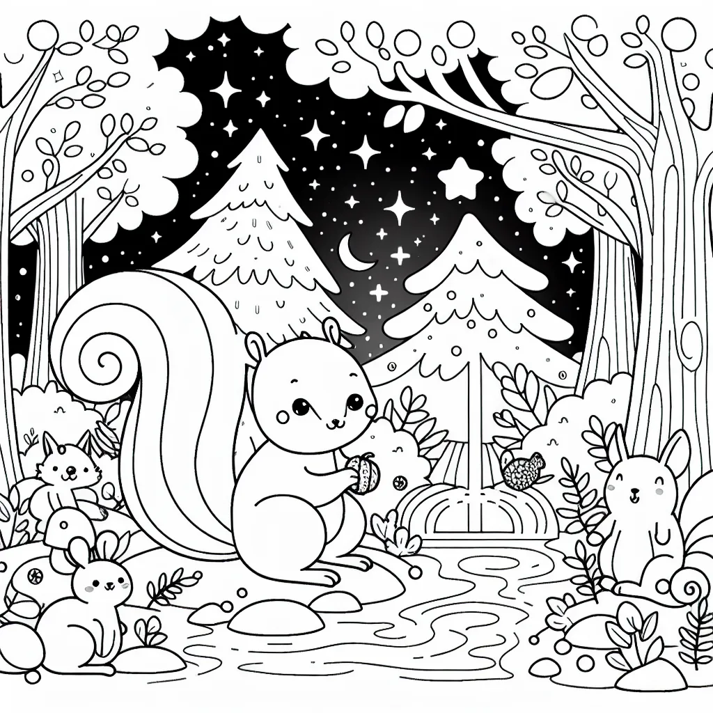 C'est l'histoire d'un petit écureuil qui vit dans la forêt enchantée, entouré de ses amis les animaux, des arbes colorés, et d'une rivière étincelante.