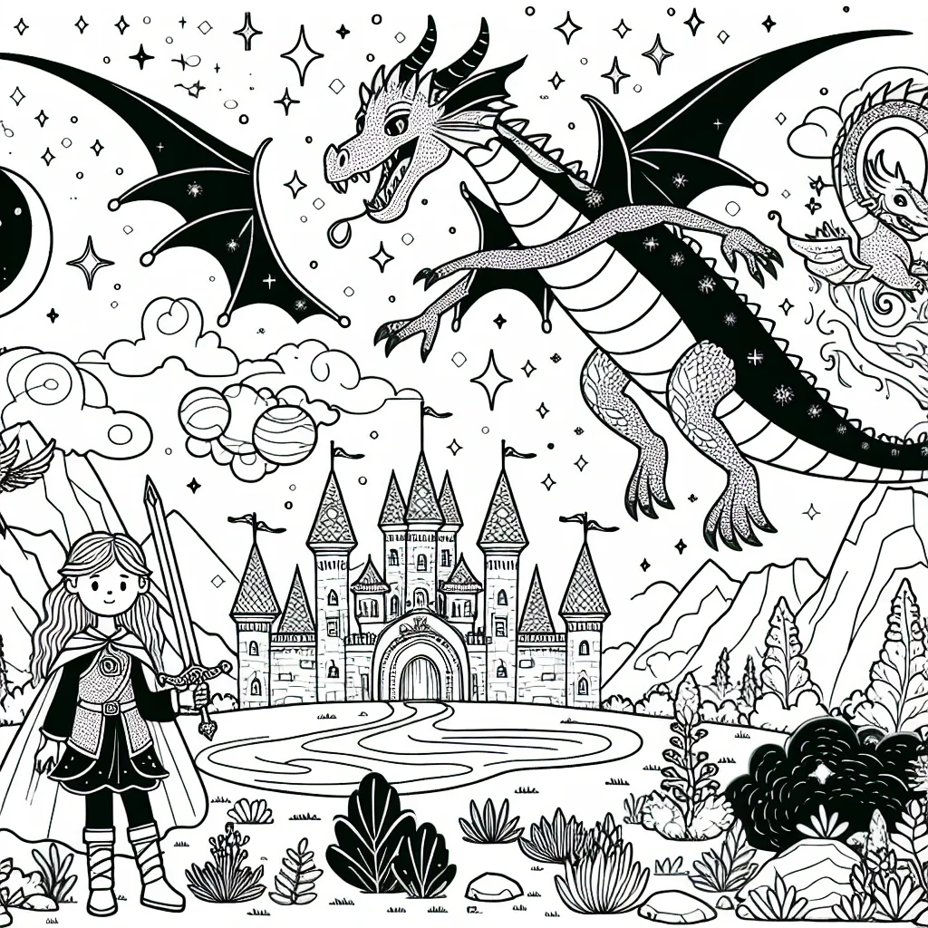 Un univers magique avec un dragon gentil, une princesse guerrière et un château enchanté sur une planète lointaine