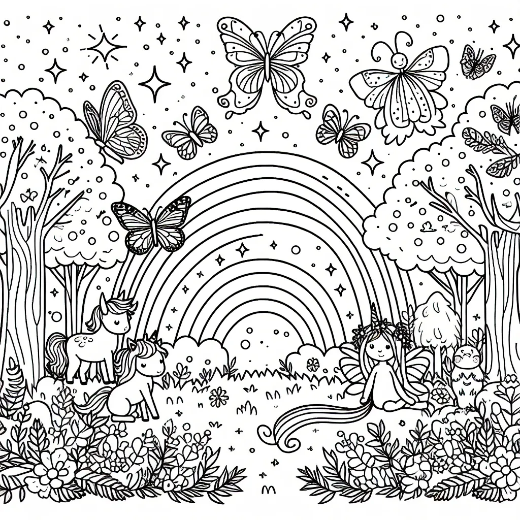 Dessine une forêt enchantée avec des animaux magiques, des fées, des papillons brillants et un arc-en-ciel scintillant.