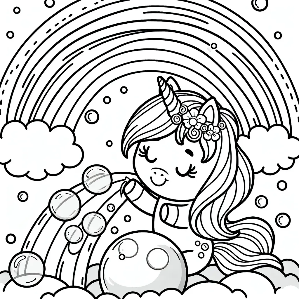 Une licorne joue avec des bulles de savon sous un arc-en-ciel coloré,
