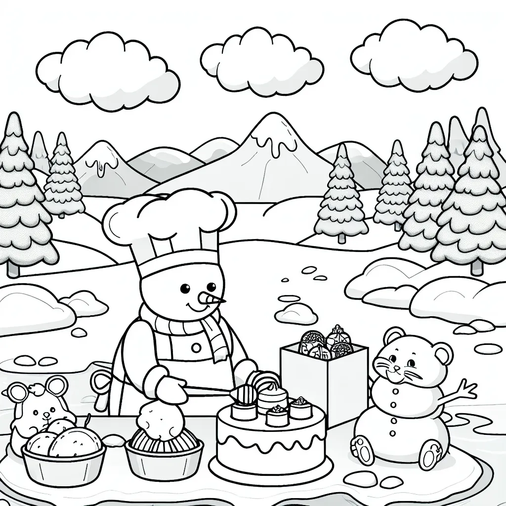 Dans un paysage hivernal, un boulanger bonhomme de neige prépare des gâteaux de glace pour ses amis animaux.