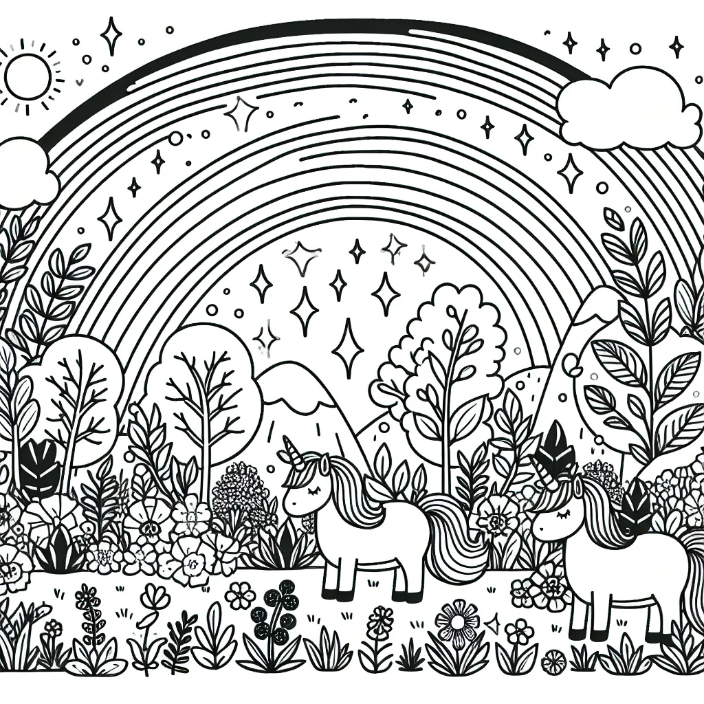 Un jardin enchanté avec des licornes et des arc-en-ciels