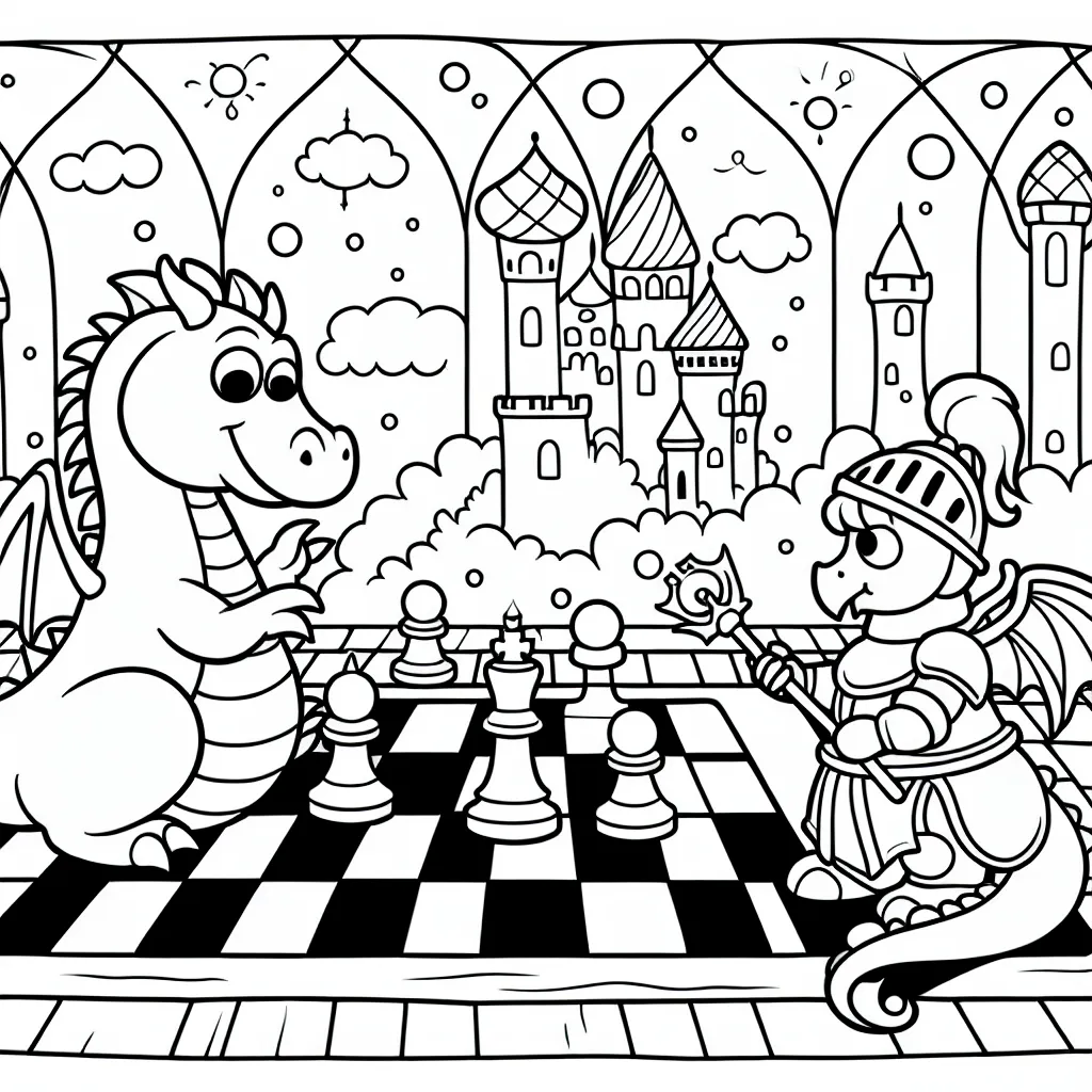 Un dragon qui joue aux échecs avec un chevalier dans un royaume enchanté