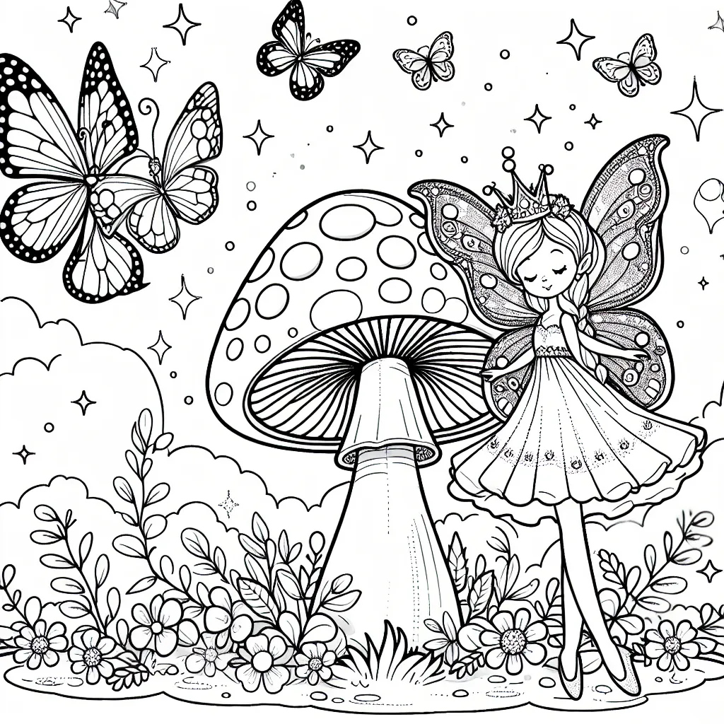 Une scène magique du royaume des fées où une fée majestueuse avec des ailes brillantes se tient près d'un champignon géant, tandis que des papillons colorés se rassemblent autour d'une fleur en éruption.