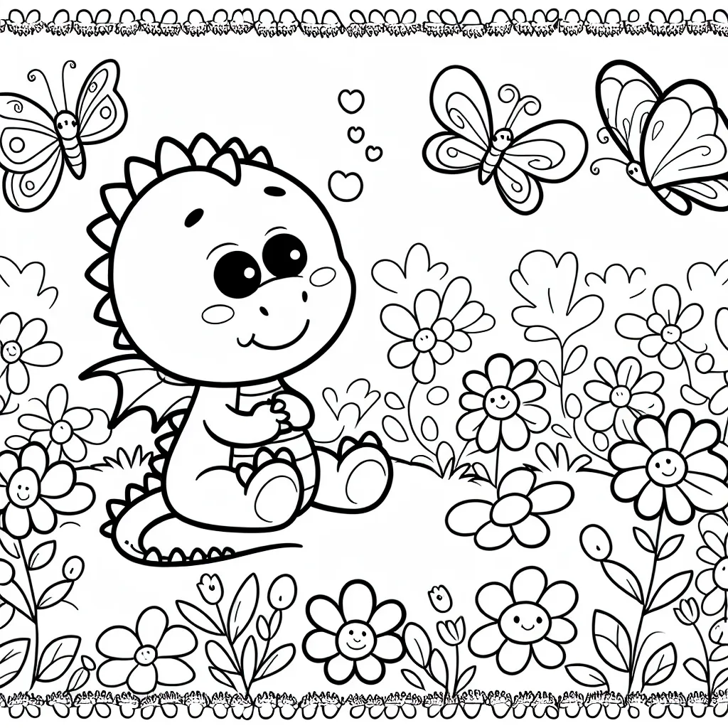 Un petit dragon sympathique joue avec des papillons dans un jardin fleuri