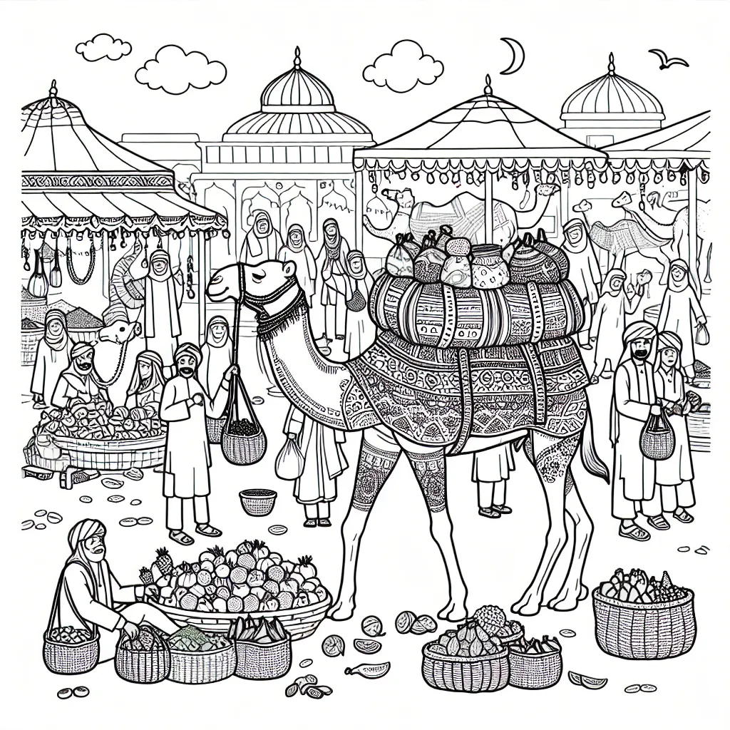 Trace un souk animé rempli de gens, d'animaux et d'étals de fruits, avec un chameau au premier plan portant des sacs colorés d'épices