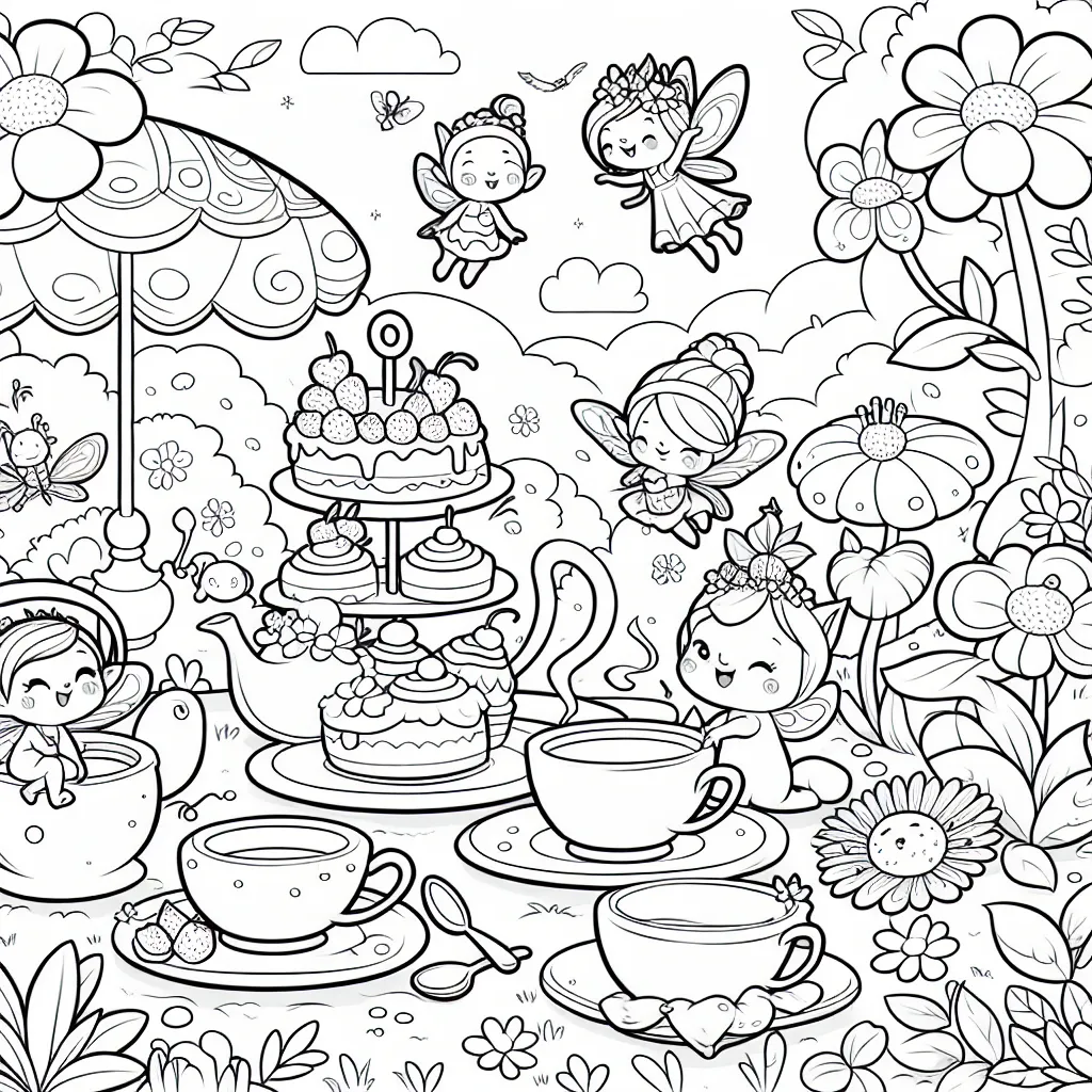 Imagine un jeu de thé dans un jardin enchanté. Il y a des fées volant autour de petites tasses de thé, des gâteaux délicieusement fantaisistes et des fleurs qui parlent. Tout est coloré et magique, rempli de joyeux personnages qui profitent du beau temps. N'oublies pas de donner des couleurs à tout ce qui est vivant !