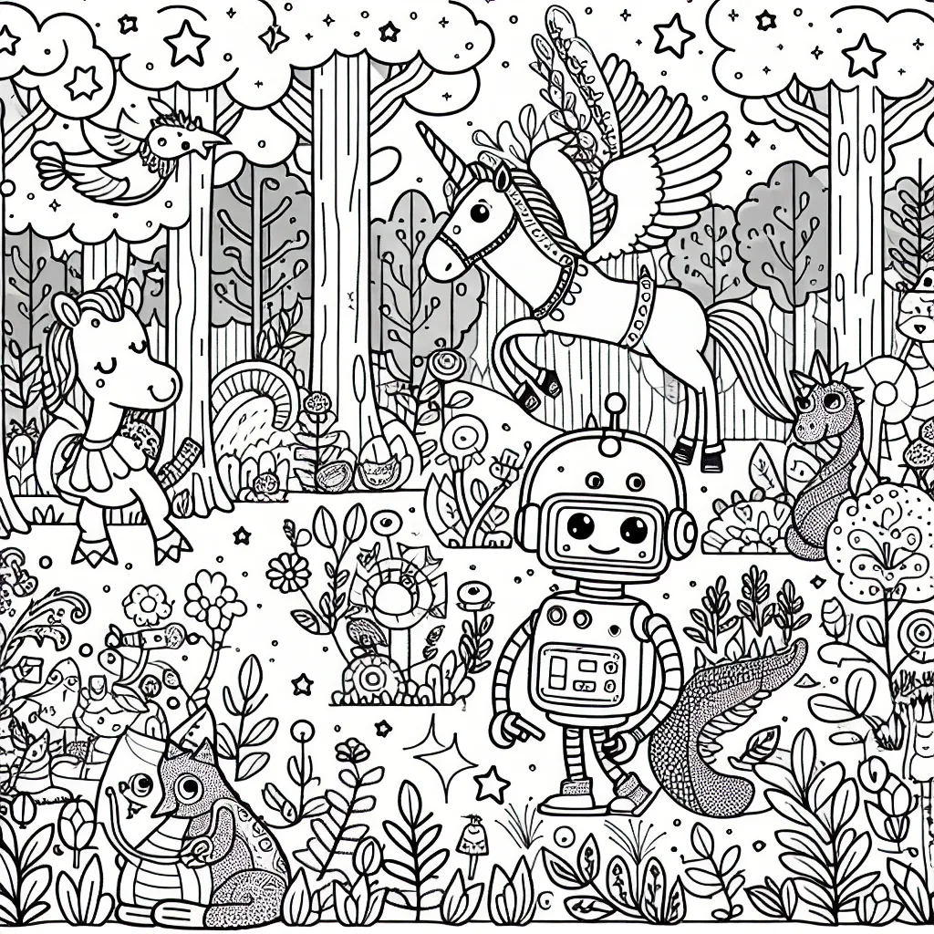 Le illustré est une scène amusante où le petit robot bleu appelé Robo s'aventure dans la mystérieuse forêt enchantée. Robo rencontre différents animaux magiques, tels que la licorne, l'oiseau de flamme et le dragon. Il y a aussi des arbres de différentes formes, de jolies fleurs et de petits lutins qui jouent des instruments de musique.