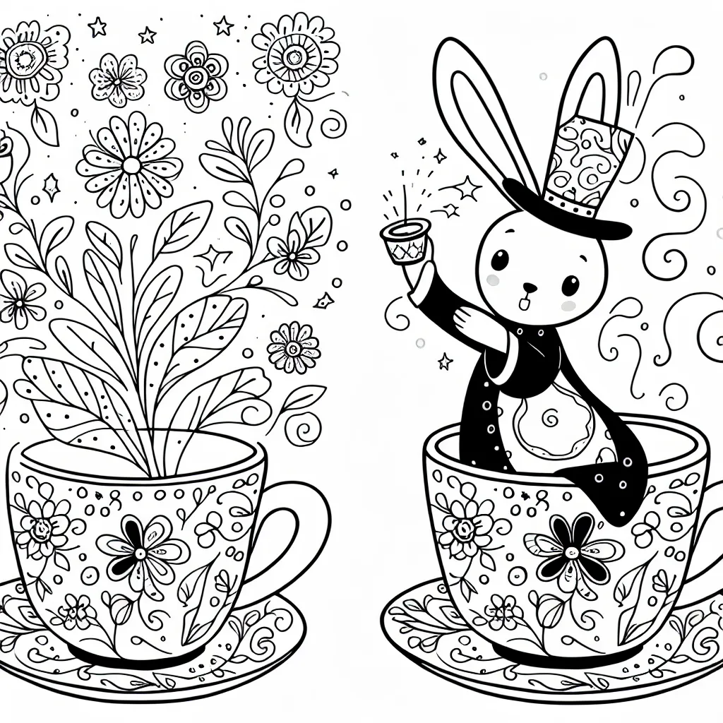 Un petit lapin magicien sortant d'une tasse de thé aux motifs floraux