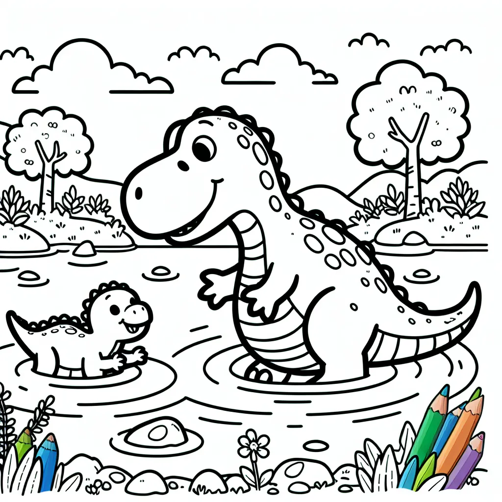 Cette scène donne vie à un charmant petit dinosaure qui apprend à nager dans un lac sous l'œil attentif de sa maman dinosaur. Les enfants auront l'occasion d'exprimer leur créativité en colorant le petit dinosaure, l'eau du lac, les arbres environnants et bien plus encore.