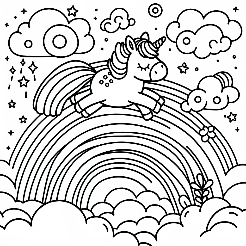 Préparez-vous à parcourir un monde féerique avec la petite licorne flottante au dessus des nuages arc-en-ciel. Peignez ce rêve enchanté avec vos crayons de couleurs préférés !