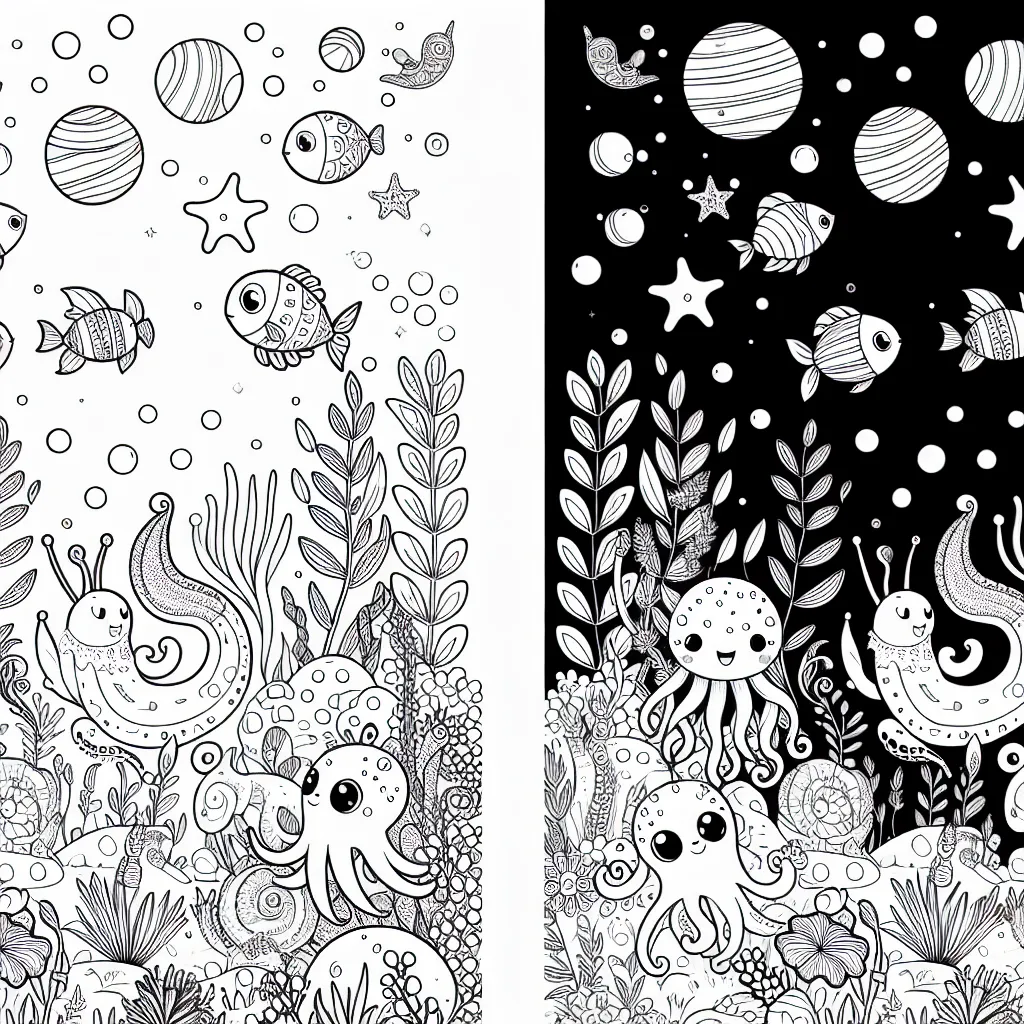 Crée un coloriage pour enfant représentant un monde sous-marin fantastique avec des animaux et des plantes imaginaires.