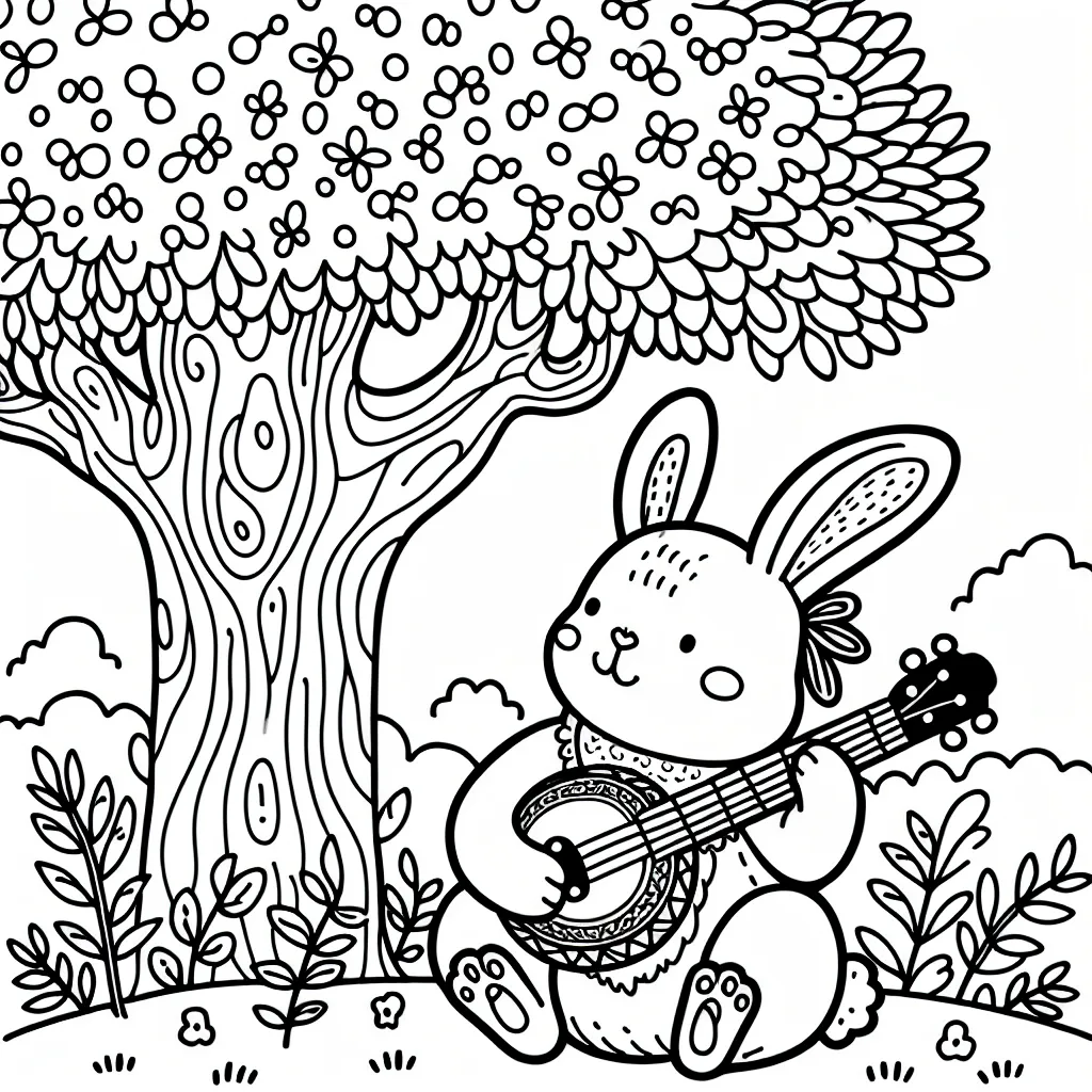 Un doux lapin jouant du banjo sous un arbre enchanté