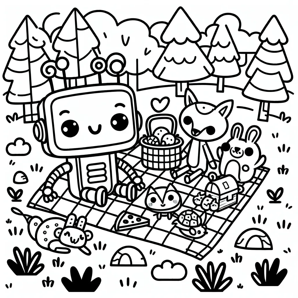 Un petit robot passe un après-midi pique-nique avec des animaux de la forêt