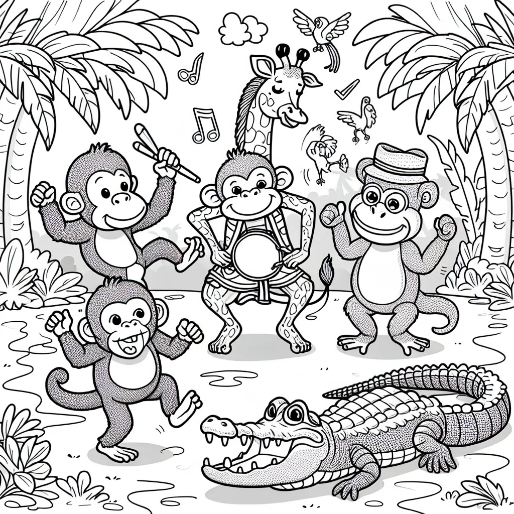 Dans une formidable jungle tropicale, une groupe d'animaux drôles se prépare à un concours de danse improvisée. Un singe, une girafe, un crocodile et un perroquet sont prêts à montrer leurs meilleurs mouvements. Prêt à les aider à prendre vie avec de superbes couleurs?
