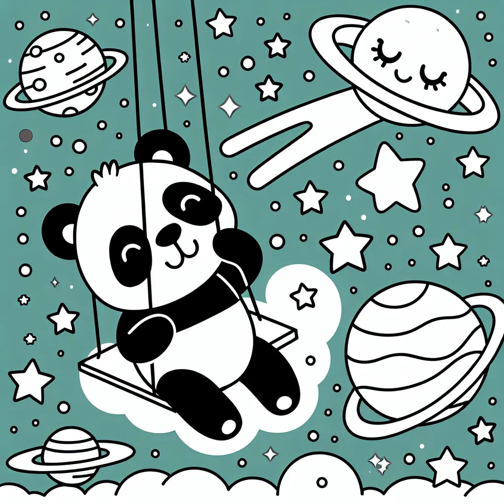 Un panda géant se balançant sur une étoile filante dans le ciel nocturne, entouré de planètes colorées et clignotantes.