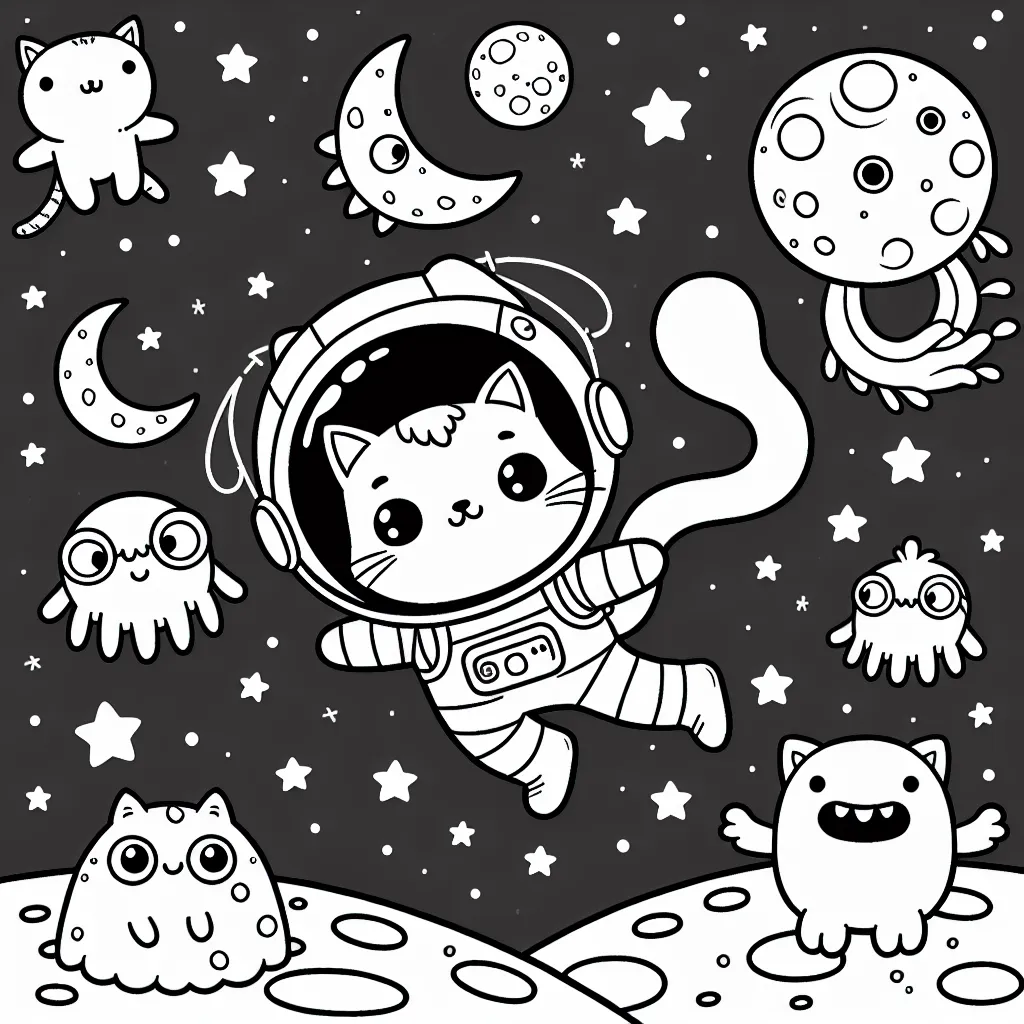 Un astronaute chat qui bondit sur la lune avec des monstres spatiaux amicaux