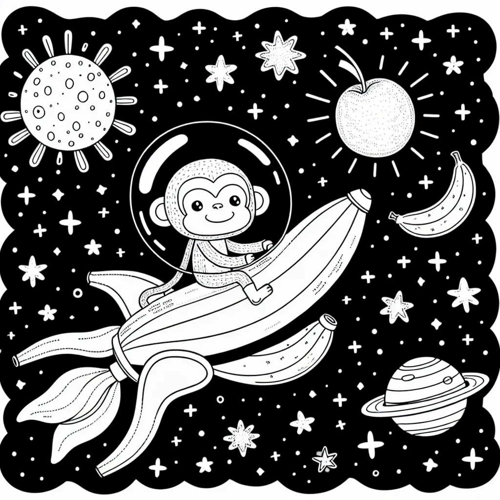 Un petit singe vole dans l'espace à bord d'une fusée en forme de banane. Il découvre une planète peuplée de fruits géants dont il rêve de manger. Le dessin contient également des étoiles brillantes et autres constellations.