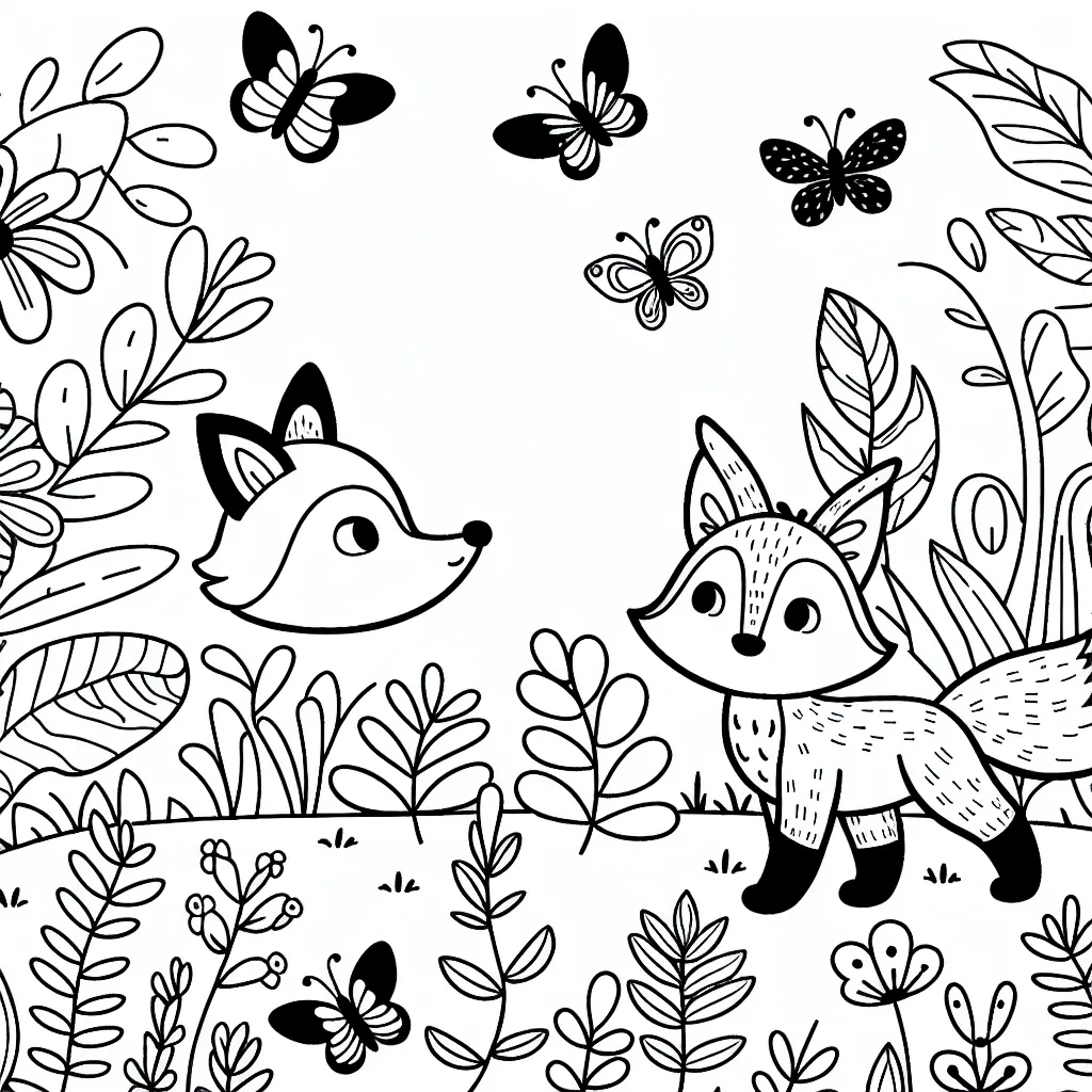 Imagine un petit renard rusé se promenant à travers un jardin botanique coloré. Il s'arrête pour s'émerveiller devant une variété de plantes et de fleurs exotiques, des papillons de toutes sortes voltigeant autour.