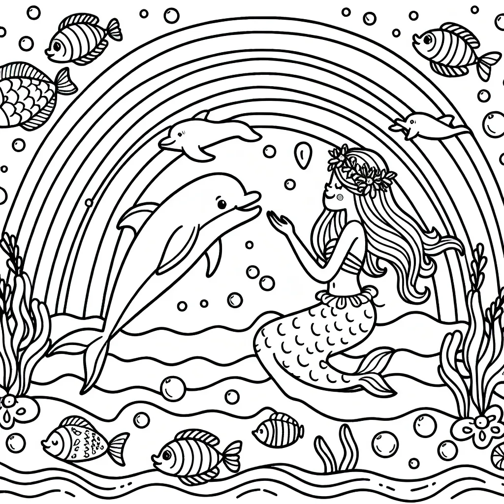 Dessine et colorie une sirène en train de jouer avec un dauphin sous un arc-en-ciel au fond de l'océan, entourée par des poissons de différentes formes et tailles.