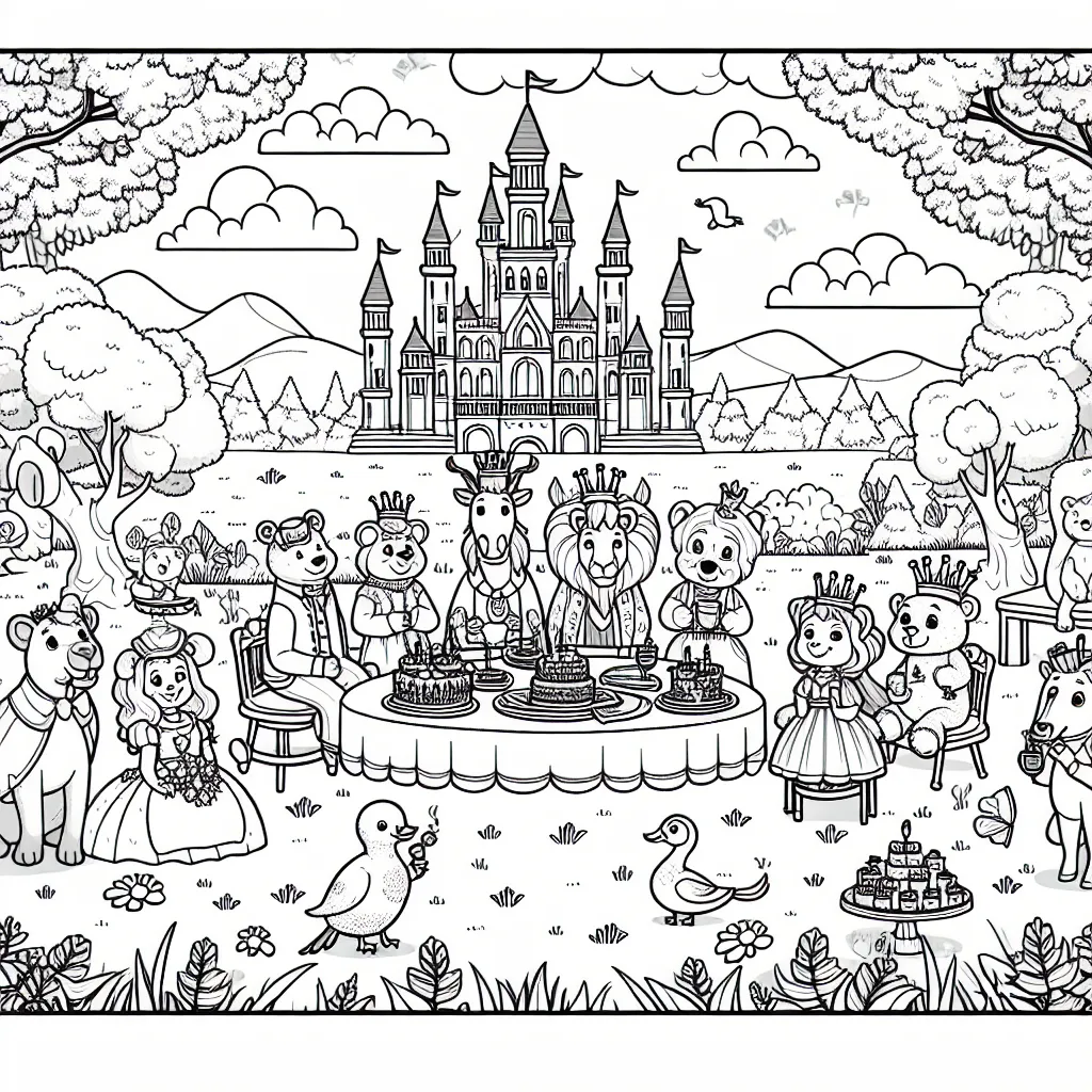 Votre tâche est de dessiner une grande fête en plein été dans le jardin royal où les animaux de la forêt sont les invités d'honneur. N'oubliez pas le beau château en arrière-plan !