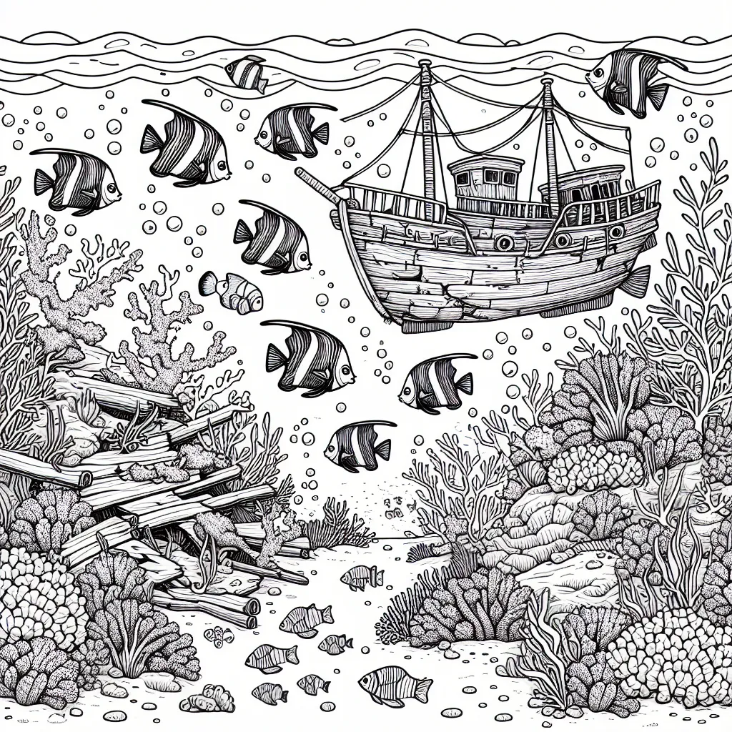 Sur une grande feuille blanche, invitez votre enfant à dessiner une scène fantastique du fond sous-marin avec plusieurs poissons exotiques, un corail coloré, une épave de navire ancien, et un château de sable au fond de l'océan.