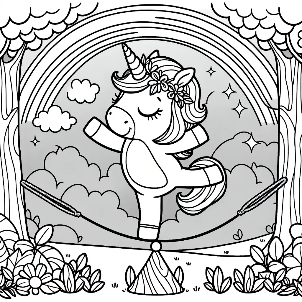 Dessine une scène féerique de la petite licorne équilibriste dansant sous un arc-en-ciel dans la forêt enchantée.