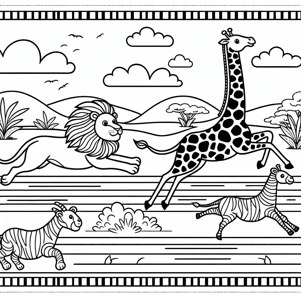 Une grande course d'animaux dans la savane avec un lion, une girafe et un éléphant