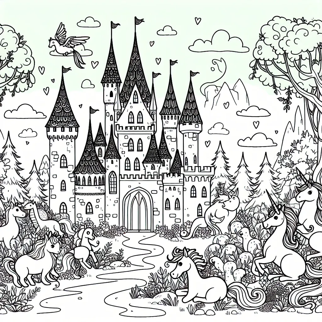 Un château enchanté dans une forêt magique avec des créatures fantastiques