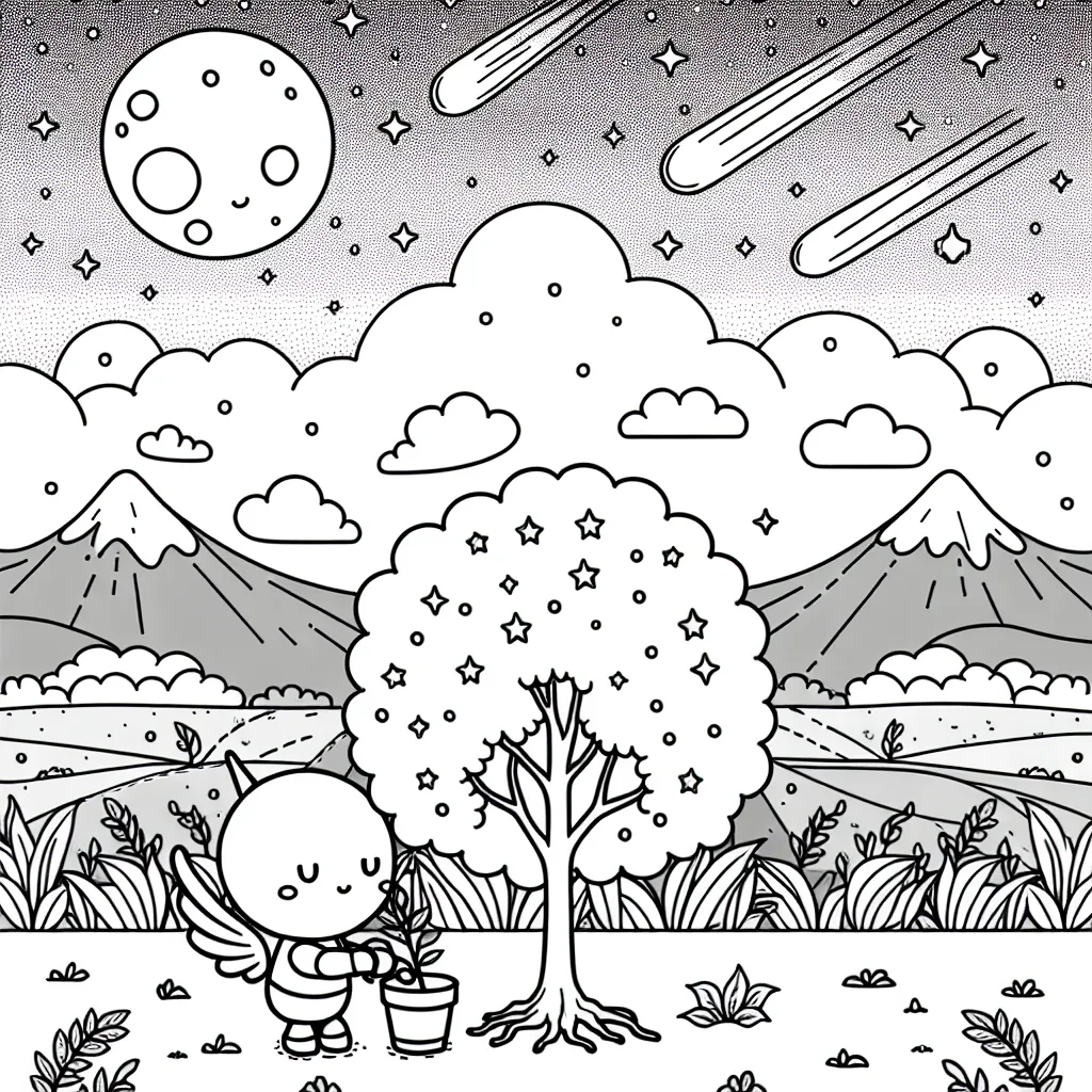 Sur une grande plaine, un petit robot ailé est en train de planter un arbre. La lune brille dans le ciel étoilé et une comète est en train de passer.