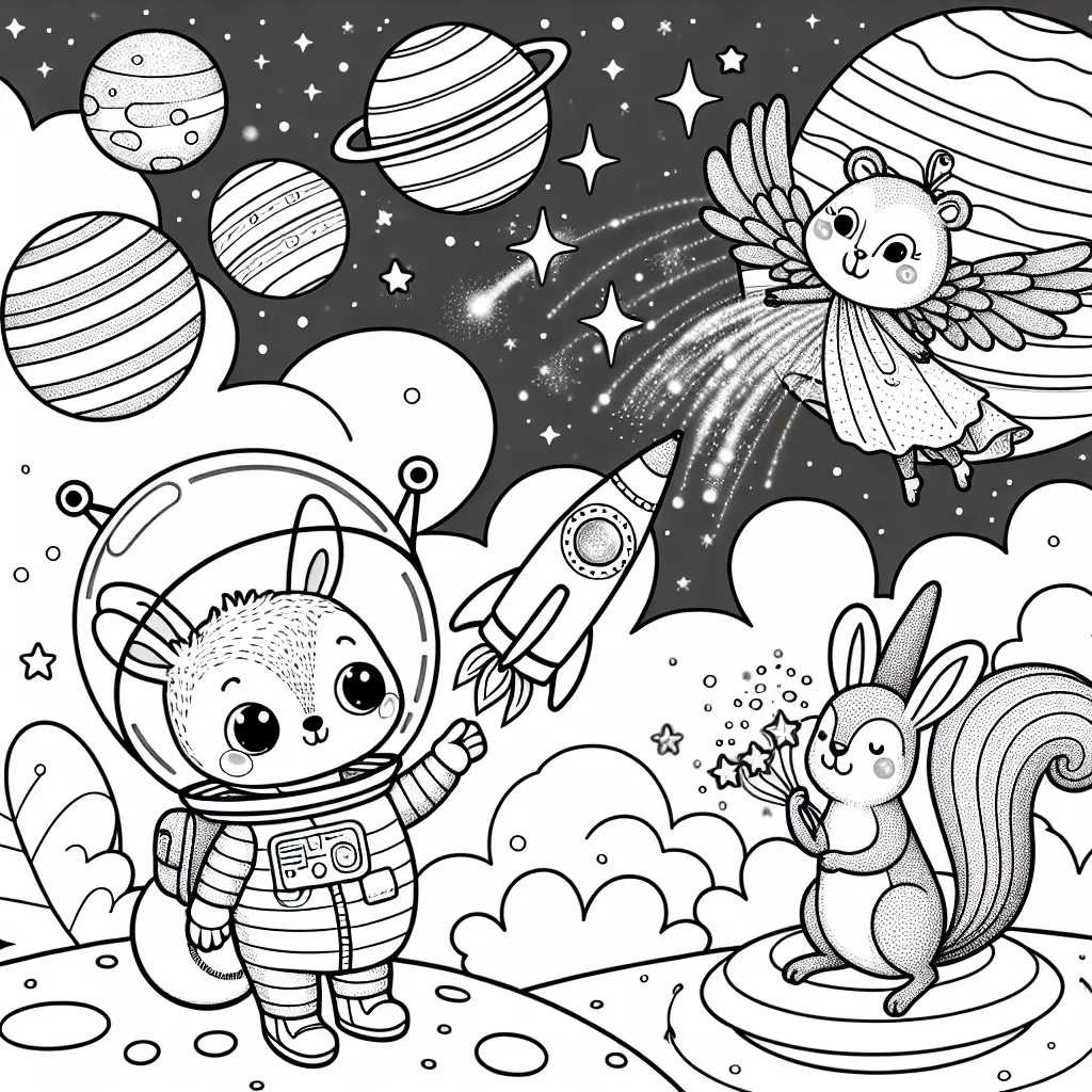 Sur une planète lointaine, des animaux fantastiques jouent avec des étoiles filantes. Parmi eux, un astronaute lapin contrôle sa fusée-carotte et une fée-ecureuil diffuse des paillettes sur des planètes colorées.
