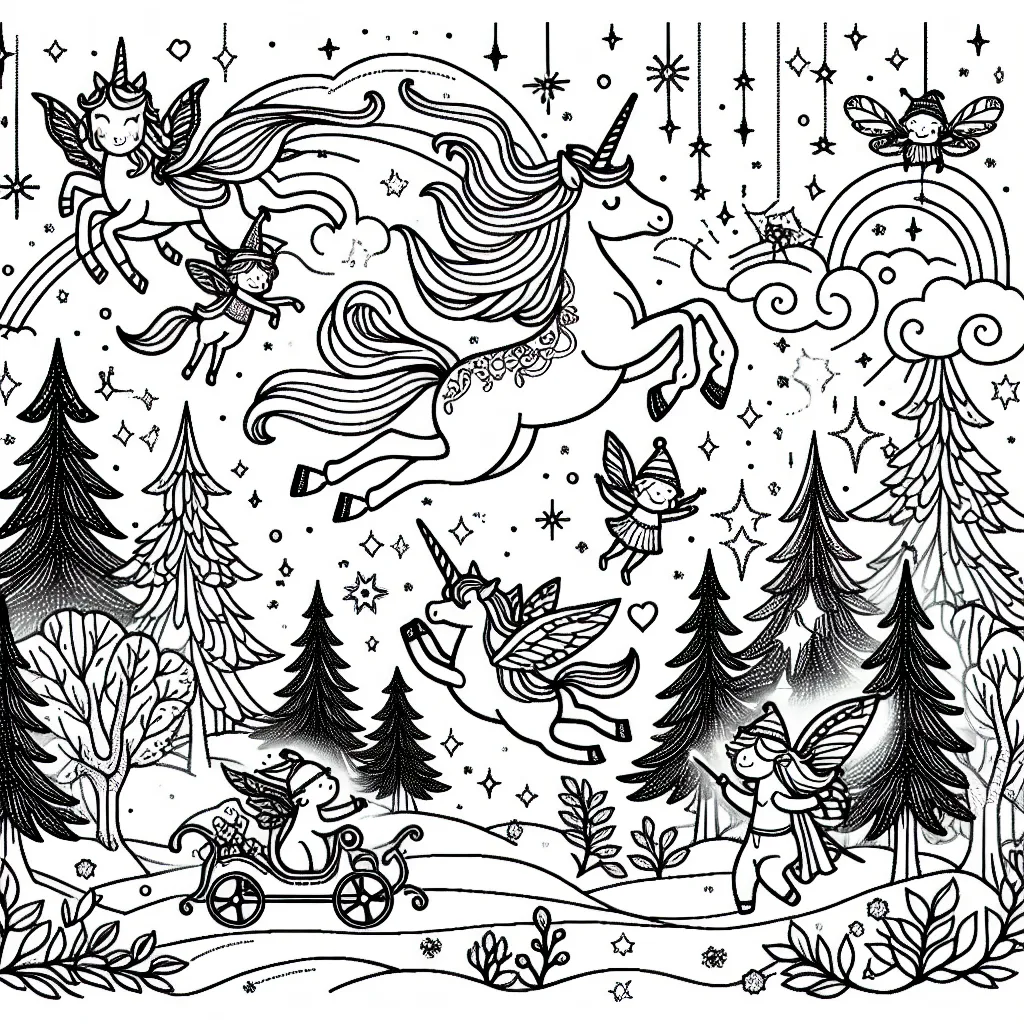 Imagine un monde fantastique plein de licornes volantes, de fées scintillantes et de joyeux lutins gambadant dans la forêt. Dessine ce monde féérique en utilisant les couleurs les plus joyeuses et éclatantes que tu peux imaginer.