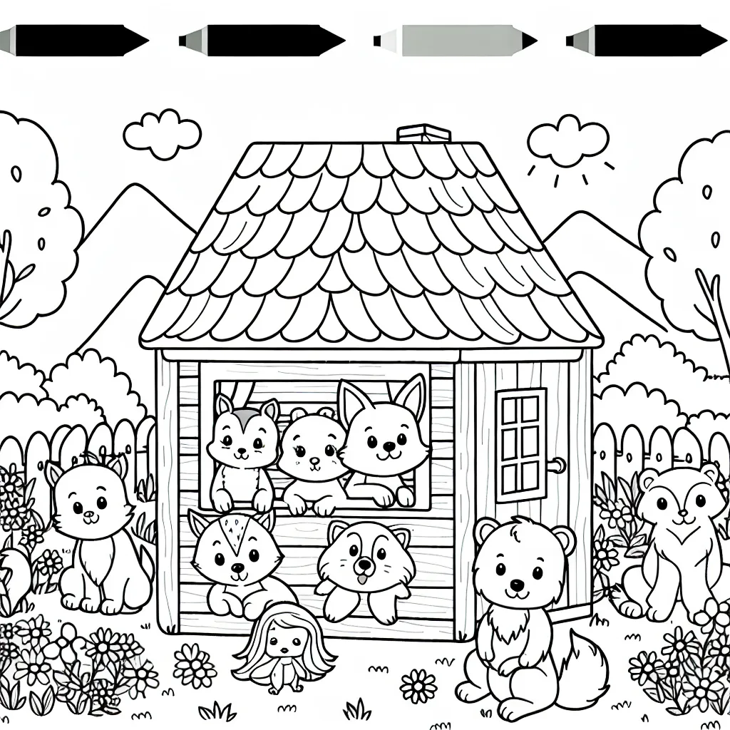 Un groupe d'animaux familiers dans leur maison de rêve dans le jardin exubérant