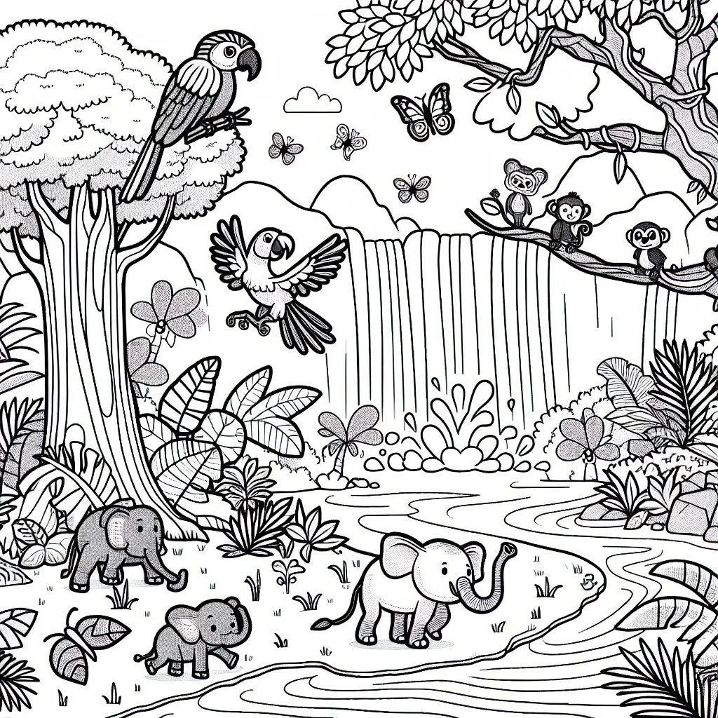 Dessiner une scène d'une jungle tropicale remplie de créatures animées. Incluez des arbres géants, une cascade ruisselante, un perroquet coloré perché sur une branche, un éléphant docile traversant un sentier, un singe malicieux sautant d'une liane à l'autre et un papillon gracieux flottant dans l'air.