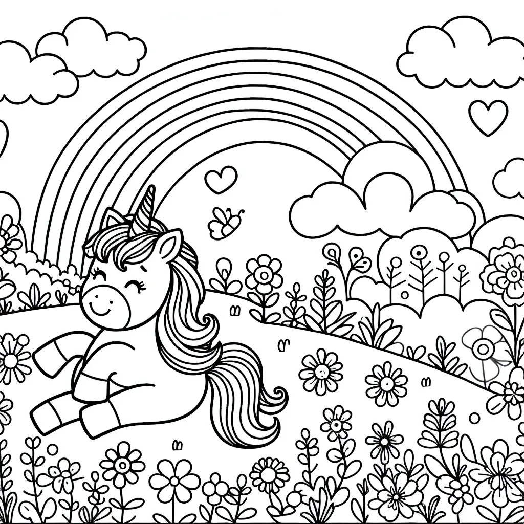 Un paysage enchanteur avec des licornes jouant dans un pré fleuri près d'un arc-en-ciel