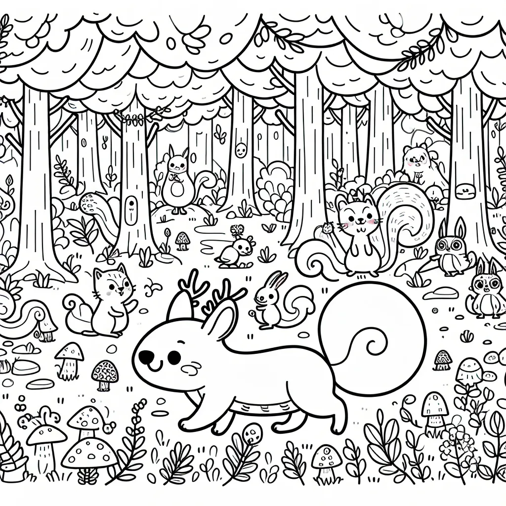 Un petit écureuil traversant une forêt enchantée avec plein de créatures fantastiques