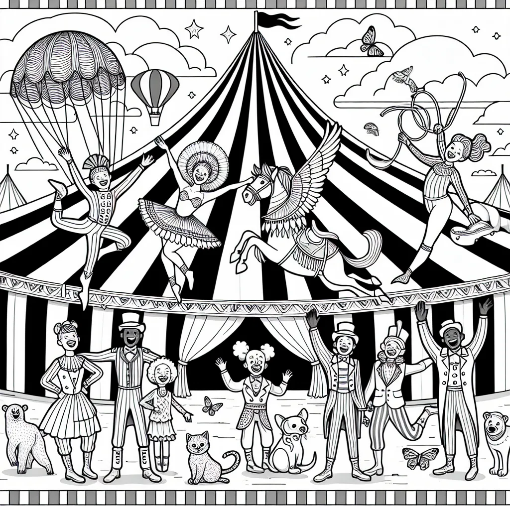 Un cirque animé remplit de joie et d'aventure, avec les acrobates volants, le clown rigolo, ringmaster, animaux dressés et la grande tente rayée.