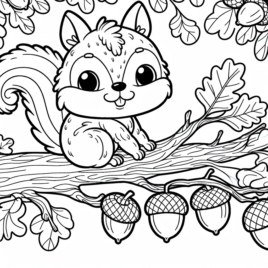 Un petit écureuil sur une branche de chêne avec des glands tout autour