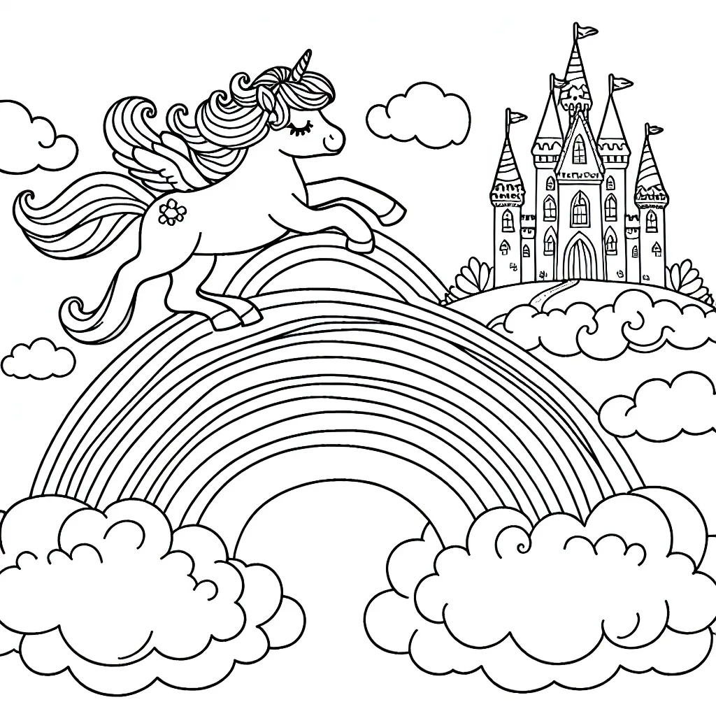 Une licorne enchantée sautant sur un arc-en-ciel au-dessus des nuages ​​avec un palais de princesse dans le lointain