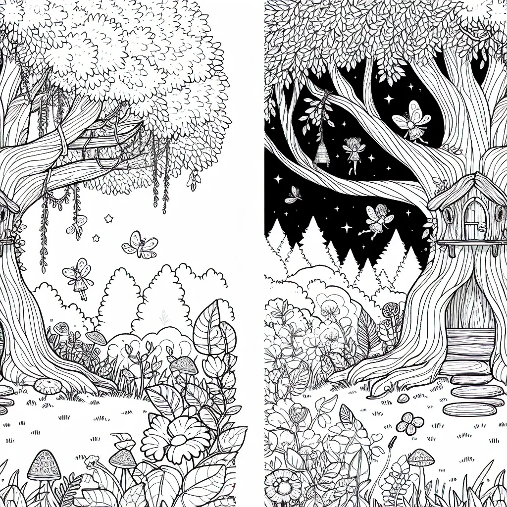 L'enfant est invité à colorier une scène magnifique d'un jardin enchanté peuplé de fées et de petits animaux magiques, avec une cabane dans un grand arbre touffu.