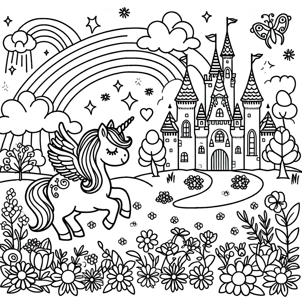 Imagine un royaume enchanté avec une licorne ailée, un château de conte de fées et un jardin plein d'arcs-en-ciel et de fleurs multicolores.