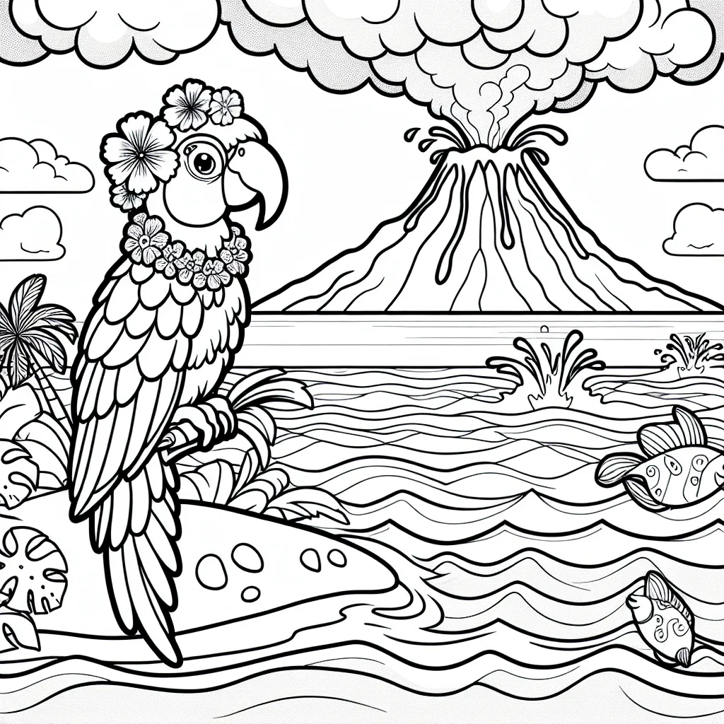 Sur une petite île tropicale, un perroquet coloré est perché sur une branche avec un collier de fleurs. En arrière-plan, il y a un volcan en éruption avec de la lave coulant dans la mer. Des poissons sautent par-dessus les vagues près du rivage.