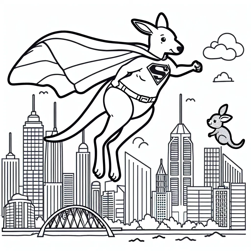 Un kangourou super héros sautant au dessus de la ville australienne avec son petit dans la poche