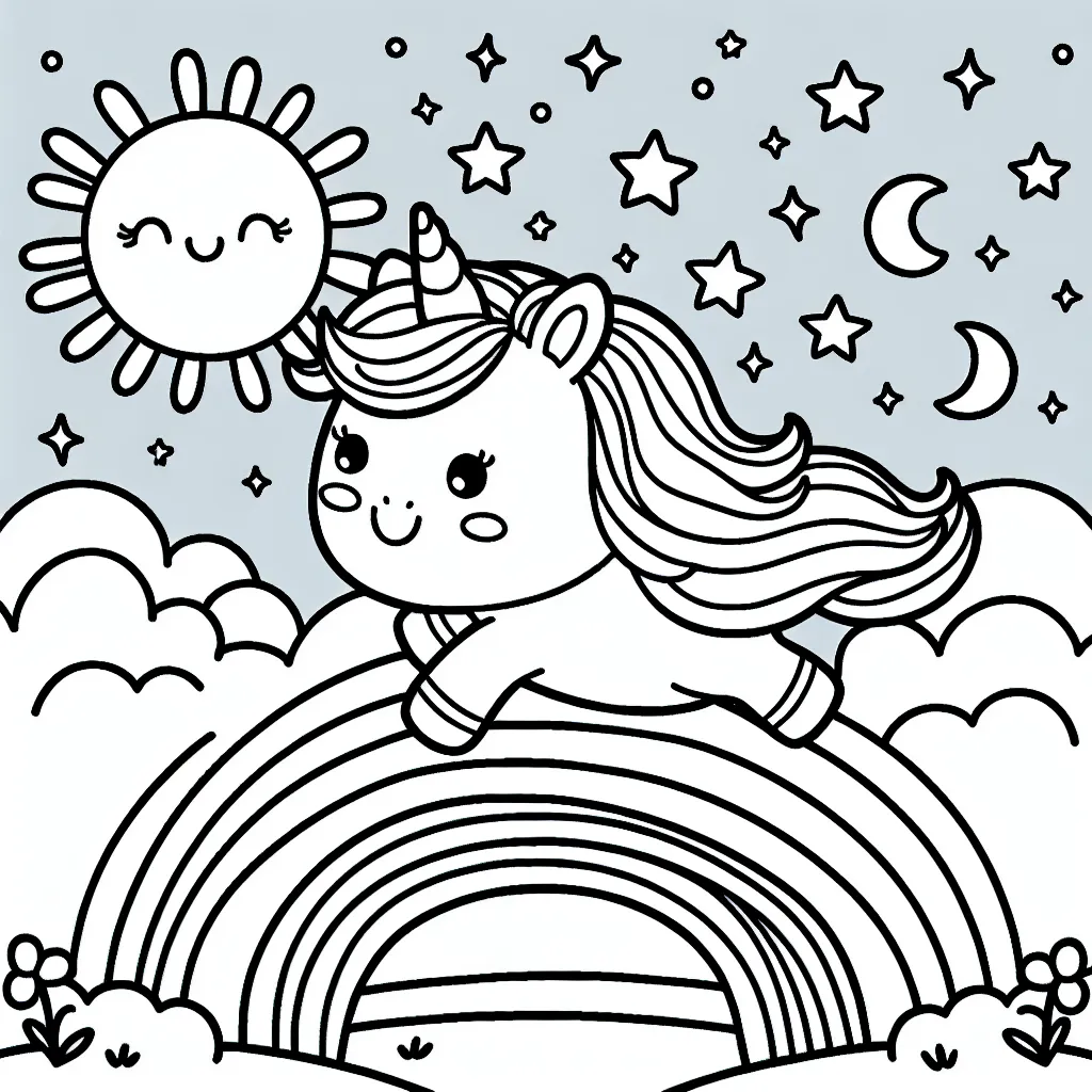 Une licorne navigue en journée sur un arc-en-ciel à travers un ciel bleu azur rempli de soleils souriants et d'étoiles scintillantes.